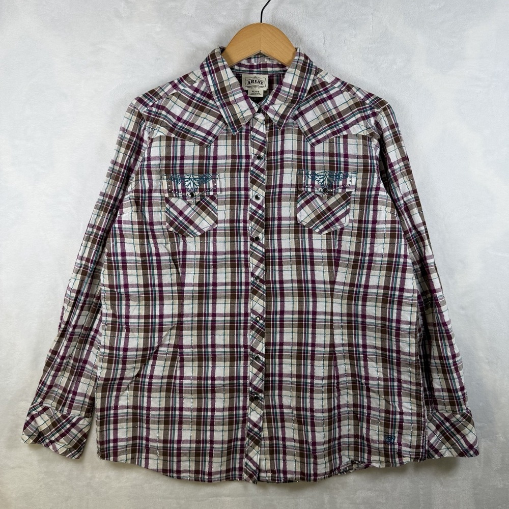 Vintage Y2K Ariat Embroidered Pearl Snap Shirt Womens Size XL Plaid Long Sleeves